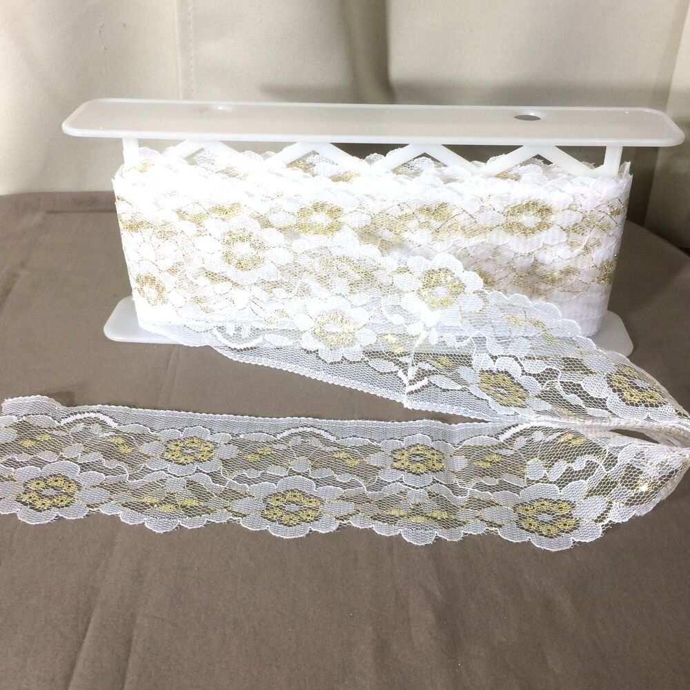 Vintage White Gold Metallic Floral Lace Trim 3" Wide 17 Yards Spool Bridal